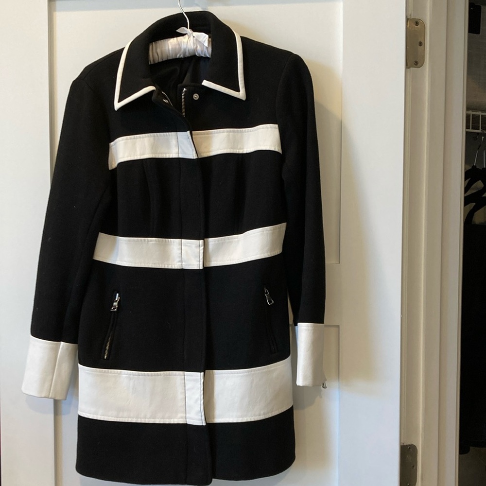 Black contemporary Spring Coat with Leatherette bands